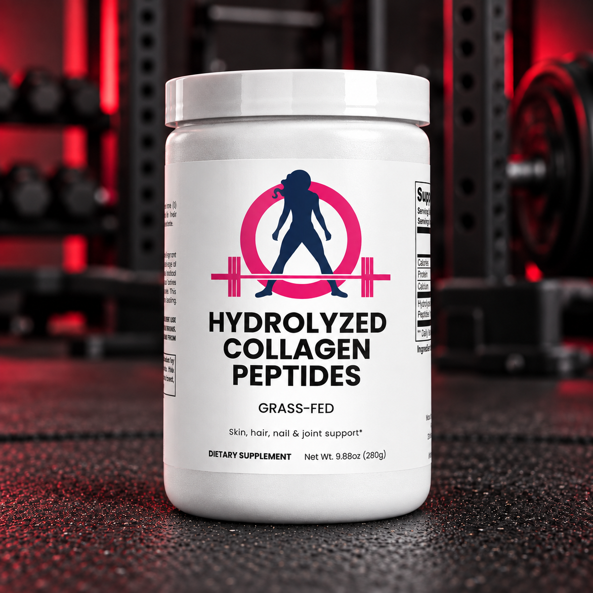 WWLW grass fed hydrolyzed collagen peptides with pink and navy WWLW logo in a black and red gym