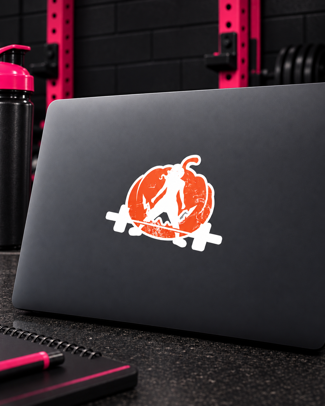 Halloween Pumpkin Kiss-Cut Sticker — White backing on laptop hero photograph