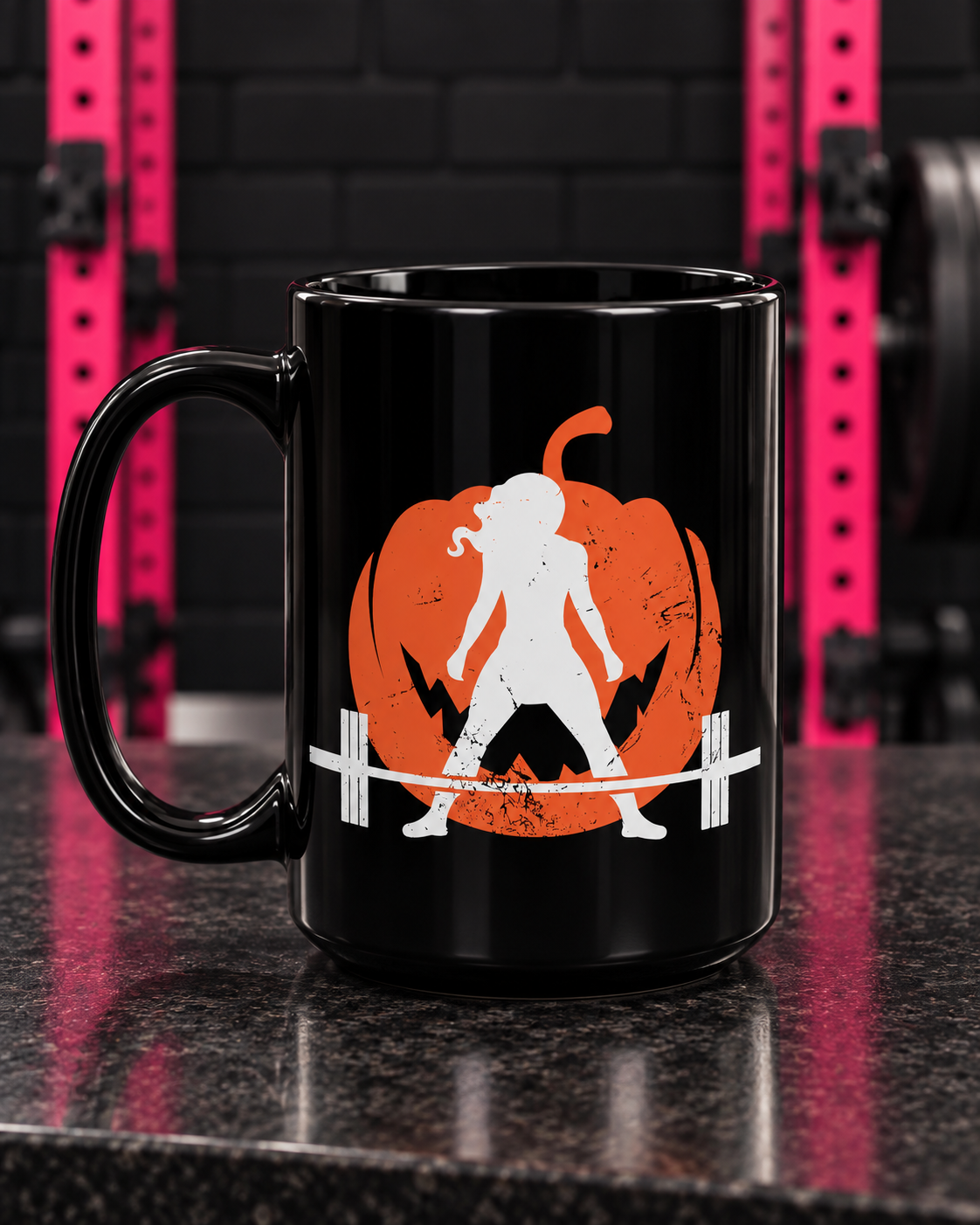 Halloween Pumpkin 15oz Black Mug — Gym counter product view hero photograph