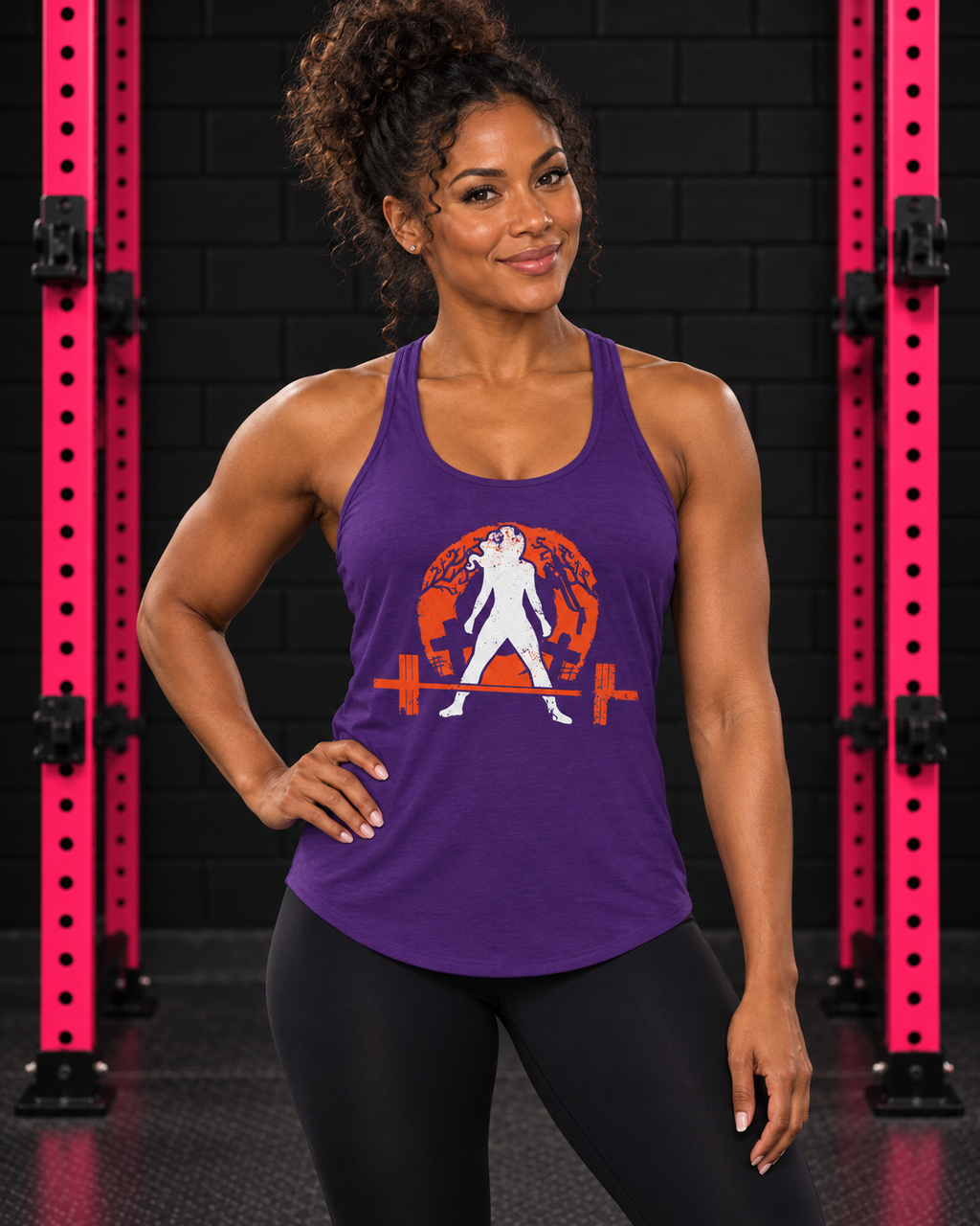 Women Who Lift Weights Halloween Graveyard racerback tank in Solid Purple Rush on athletic woman in gym