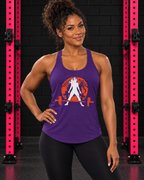 Women Who Lift Weights Halloween Graveyard racerback tank in Solid Purple Rush on athletic woman in gym