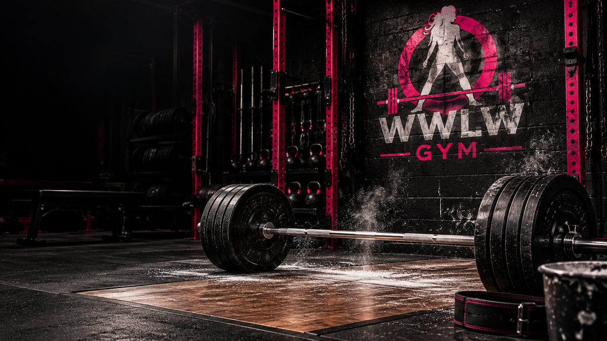 Loaded Barbell in the WWLW gym with the Women Who Lift Weights logo on the wall