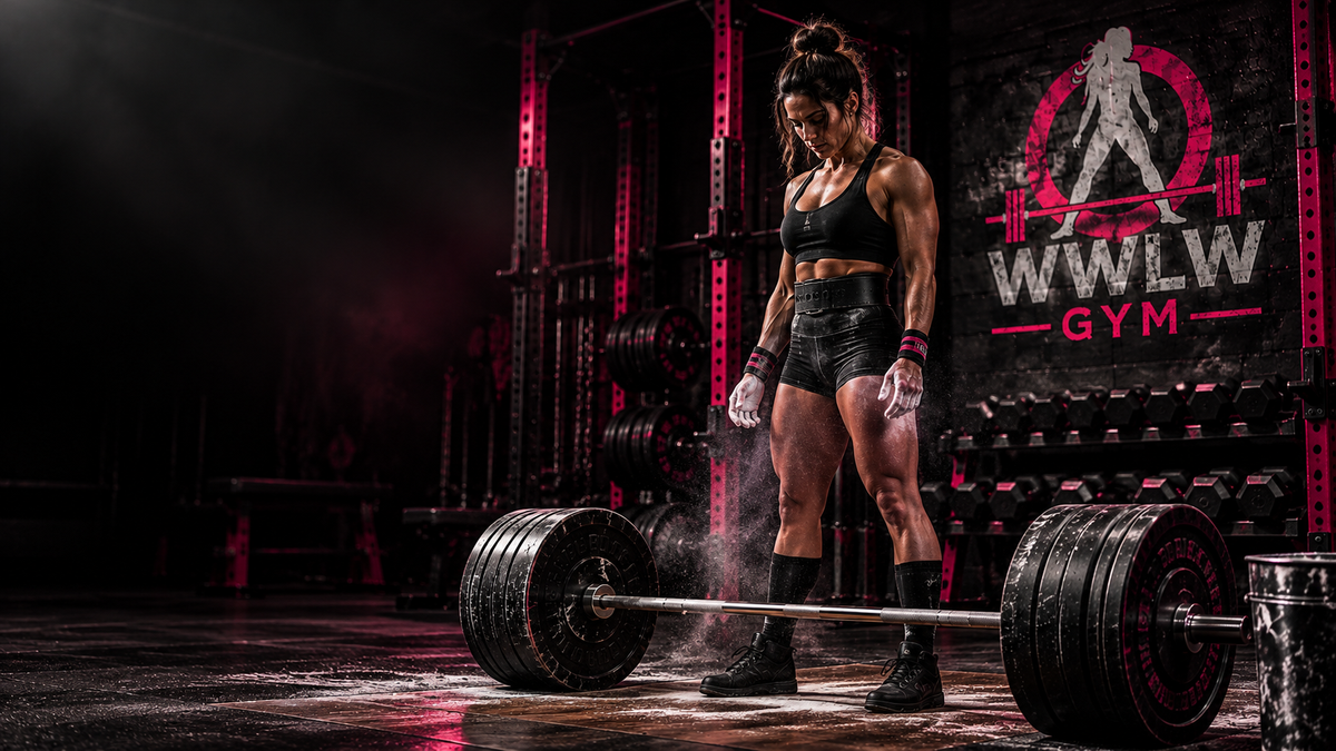 Woman standing over a loaded Barbell, ready to deadlift in the WWLW gym