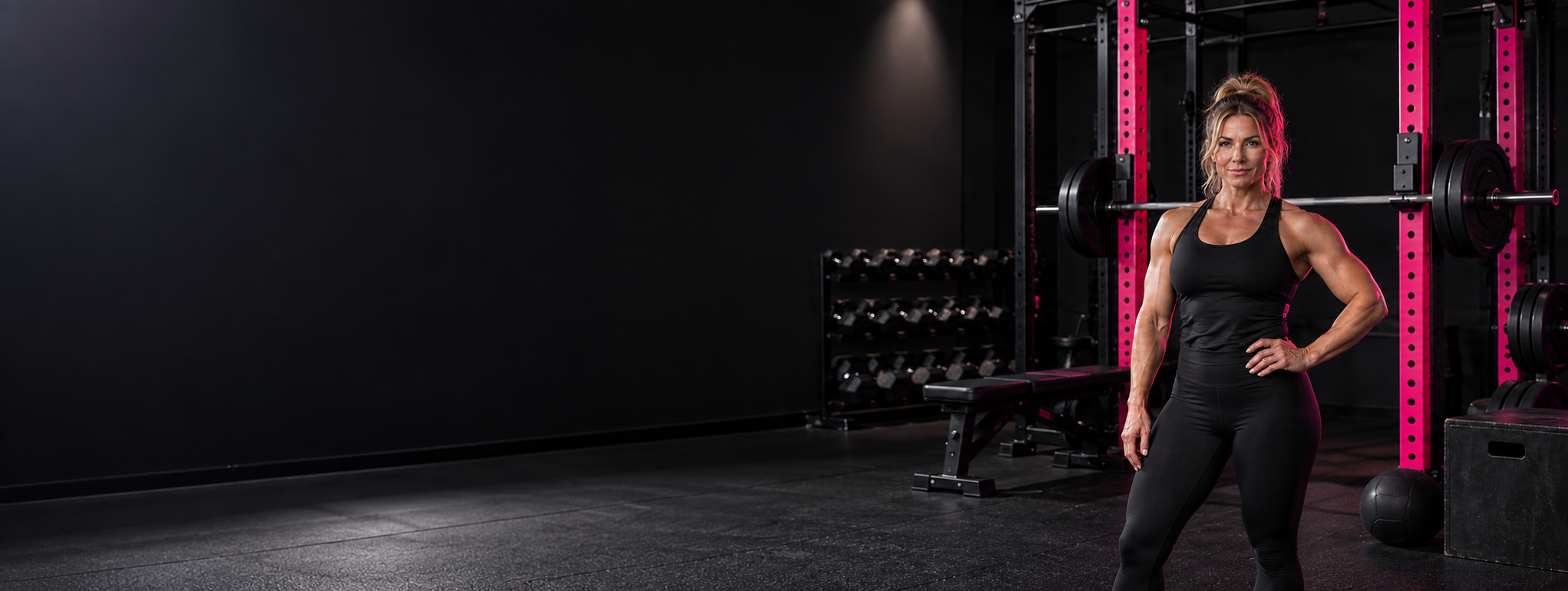 Strong athletic woman in a black and hot-pink strength gym