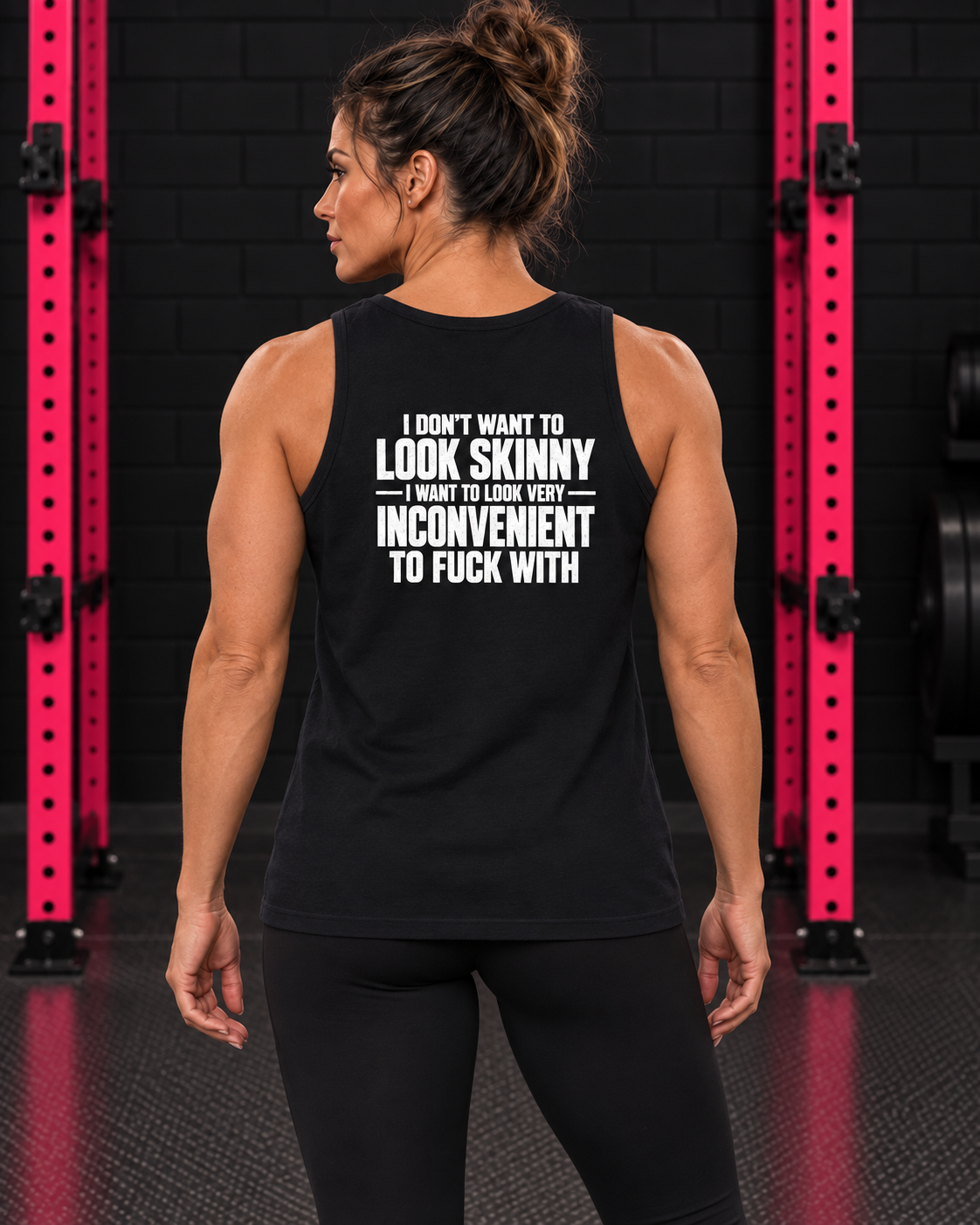 Black tank with white slogan back print, modeled in the WWLW black brick and hot-pink rack gym.