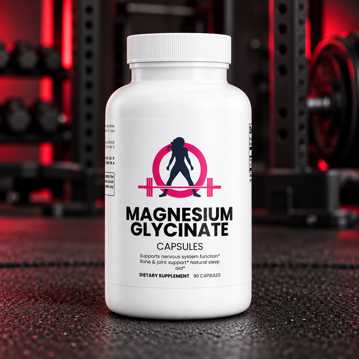 WWLW magnesium glycinate with pink and navy WWLW logo in a black and red gym