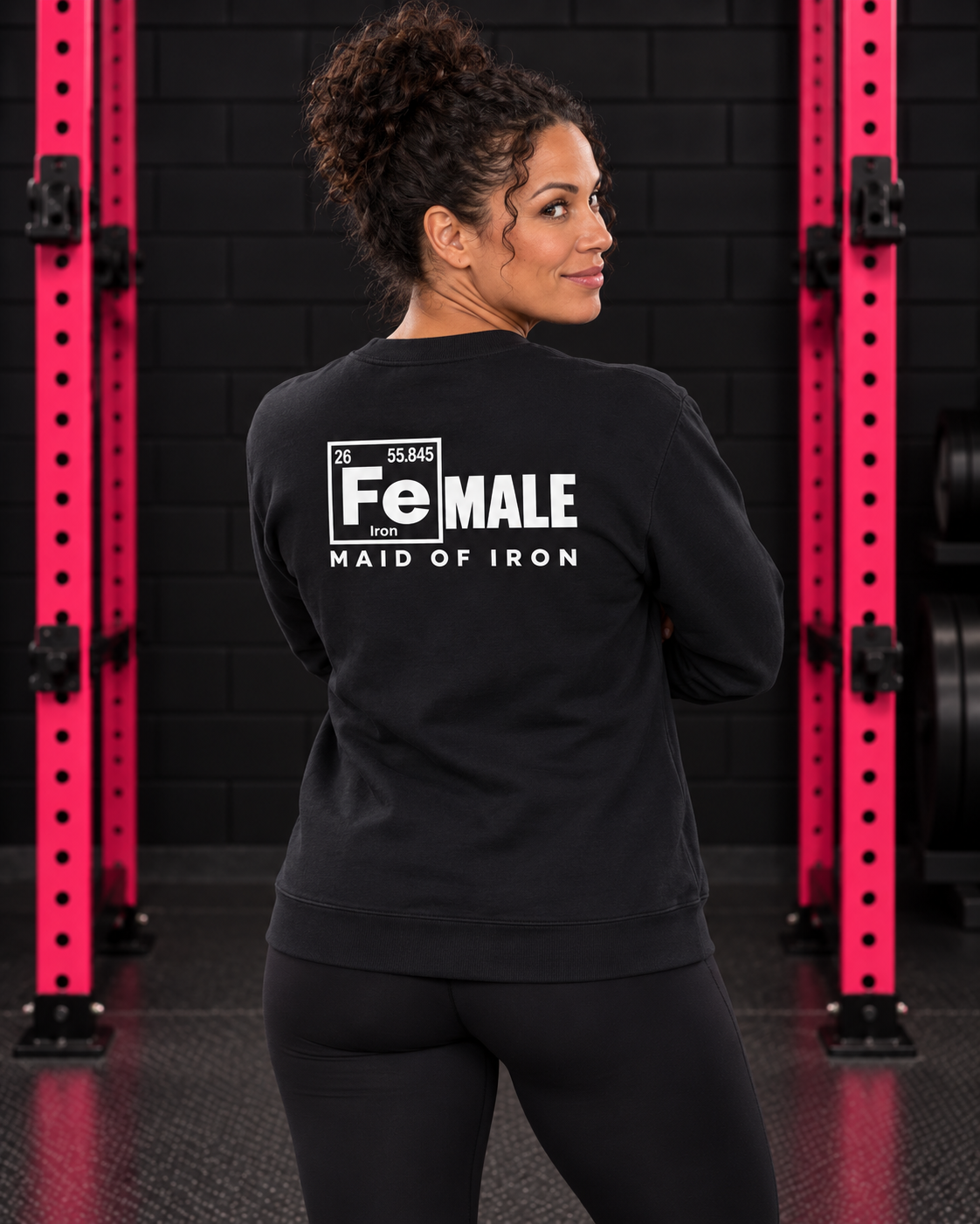 Maid of Iron crewneck back shown in WWLW gym