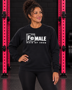 Maid of Iron crewneck front shown in WWLW gym
