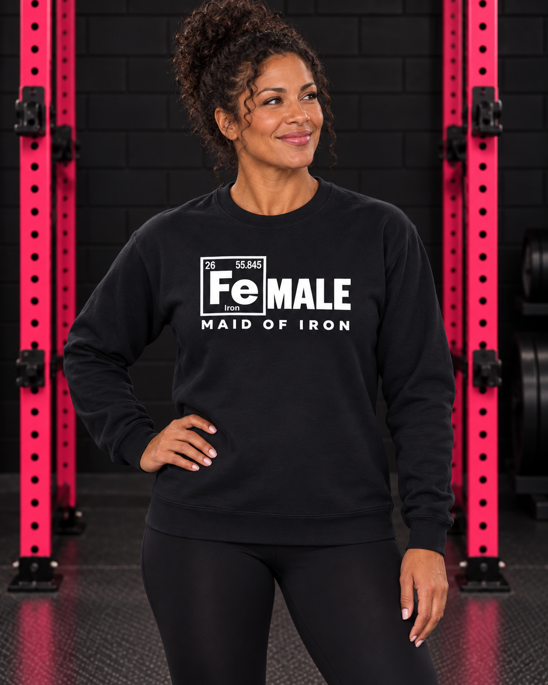 Maid of Iron crewneck front shown in WWLW gym