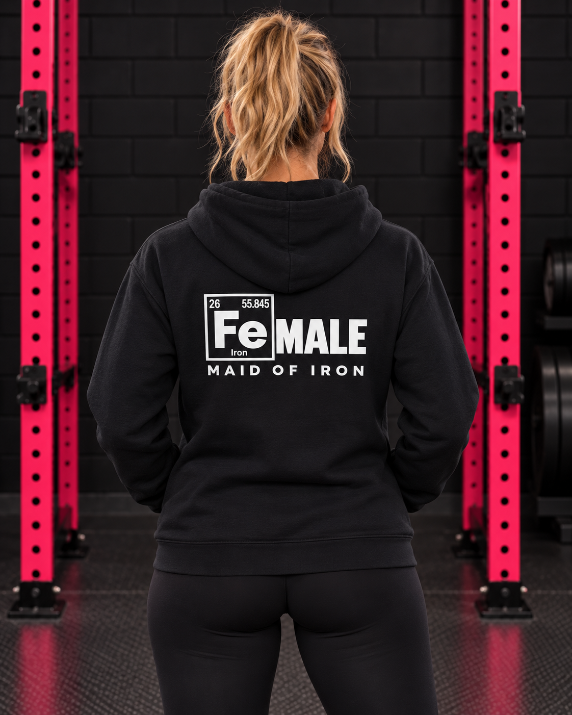 Maid of Iron black hoodie back print, WWLW gym