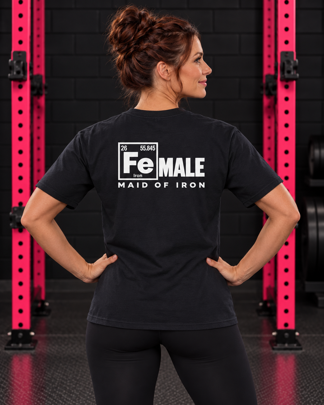 Maid of Iron unisex tee back shown in WWLW gym