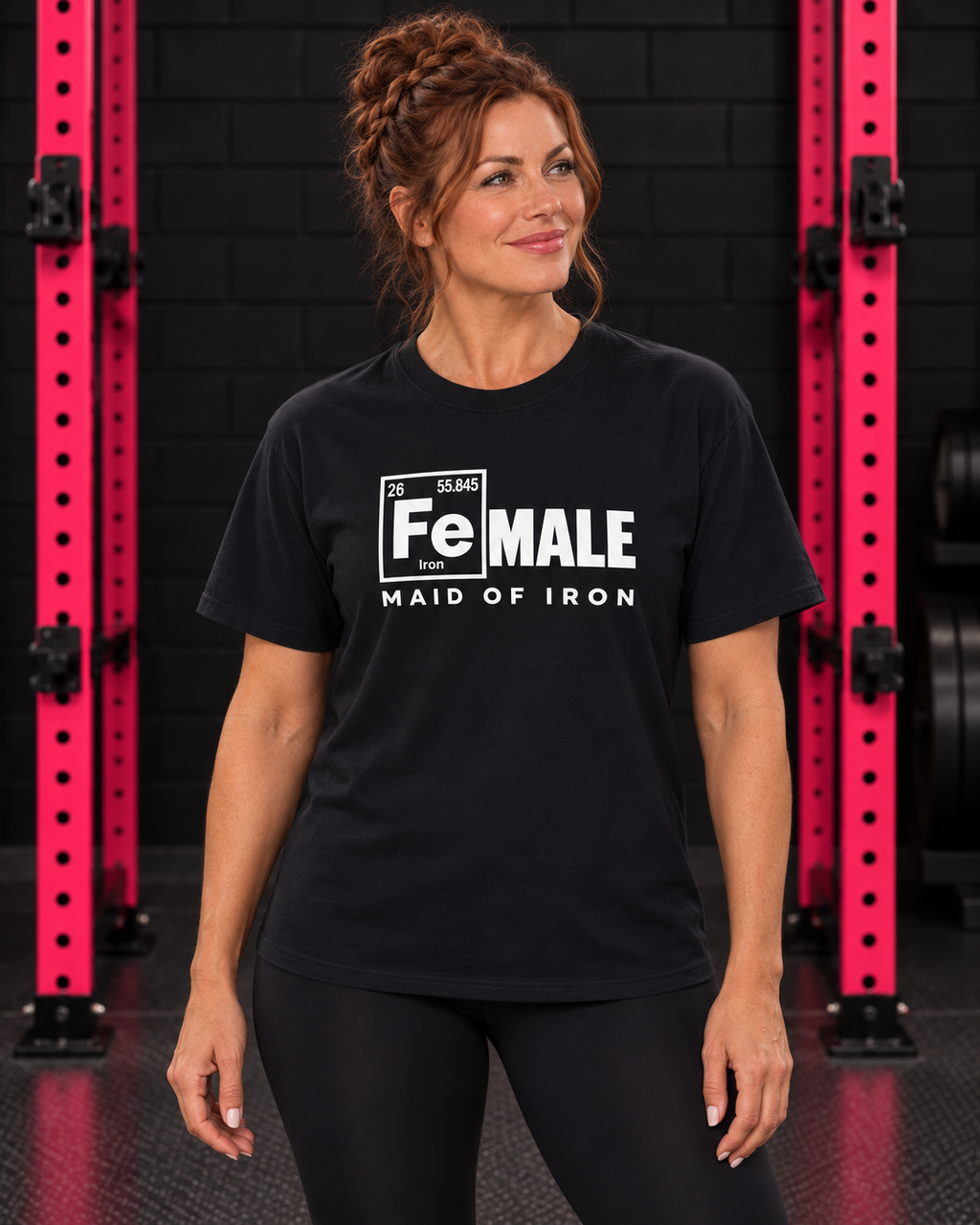 Maid of Iron unisex tee front shown in WWLW gym
