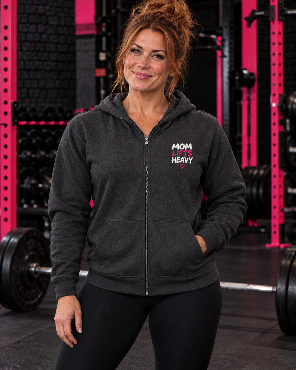 Mom Lifts Heavy – Unisex Full-Zip Hoodie – Left Chest Logo — collection hero in the Mom Lifts Heavy gym