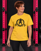 Woman wearing daisy WWLW unisex distressed black logo tee in black and pink gym