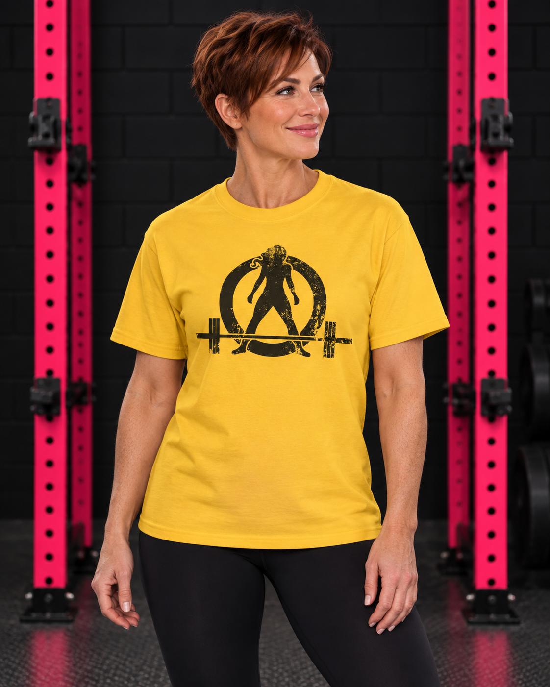 Woman wearing daisy WWLW unisex distressed black logo tee in black and pink gym