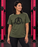 Woman wearing military green WWLW unisex distressed black logo tee in black and pink gym