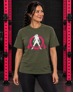 Woman wearing military green WWLW unisex distressed color logo tee in black and pink gym