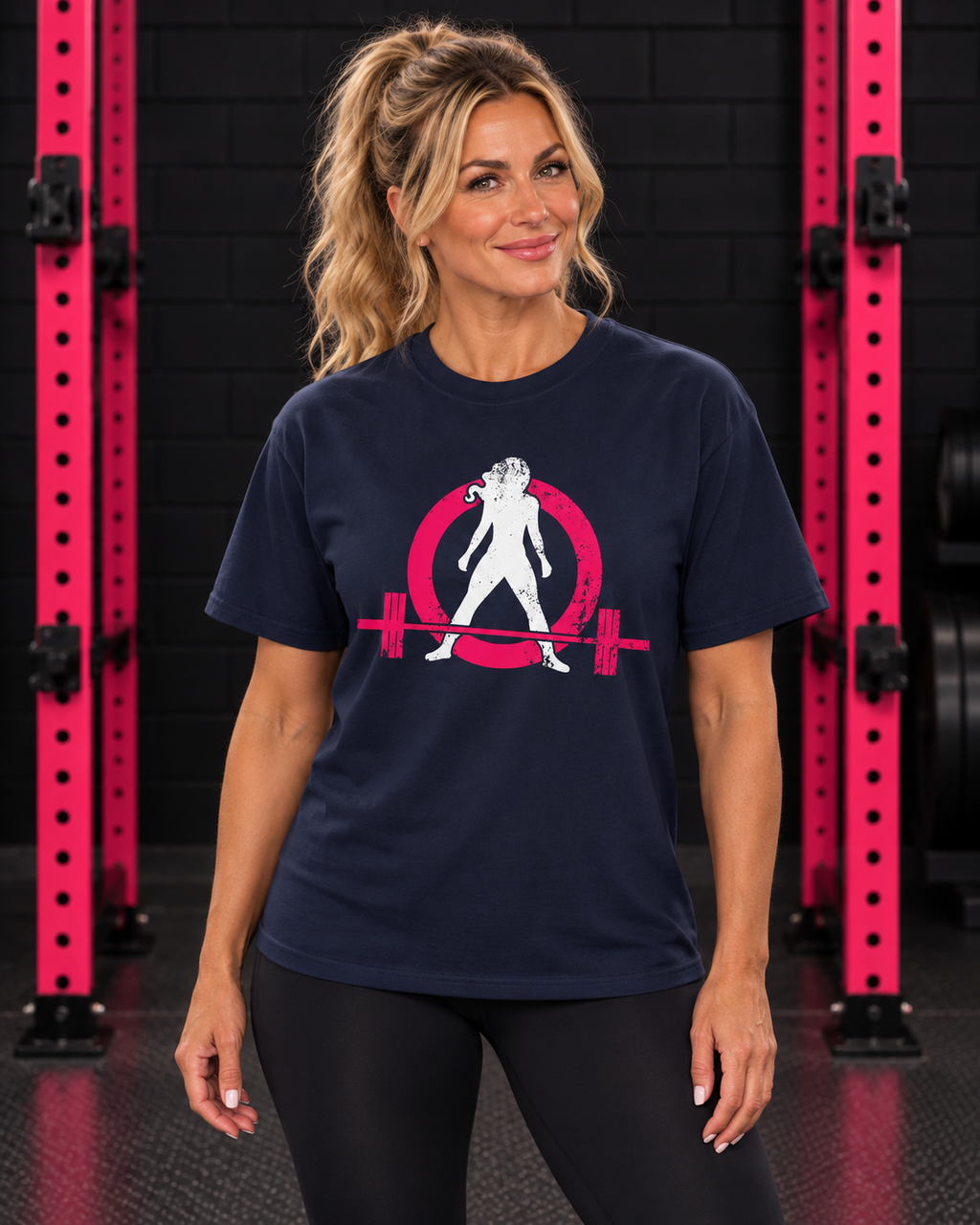 Woman wearing navy WWLW unisex distressed color logo tee in black and pink gym