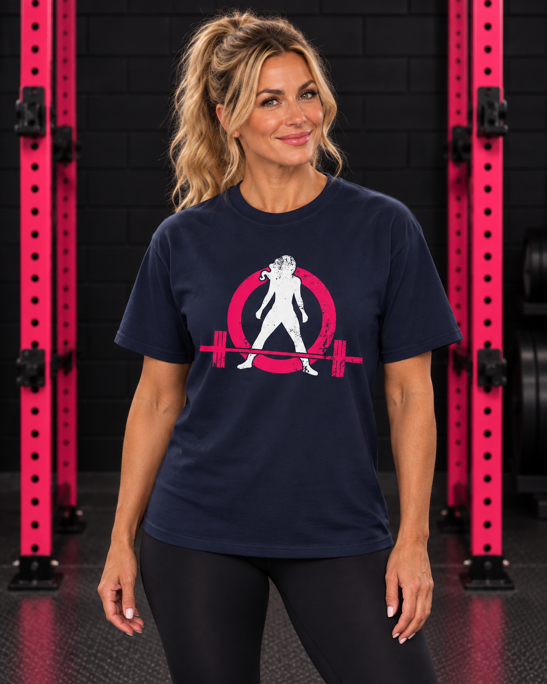 Woman wearing navy WWLW unisex distressed color logo tee in black and pink gym