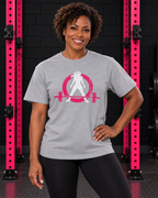 Woman wearing sport grey WWLW unisex distressed color logo tee in black and pink gym
