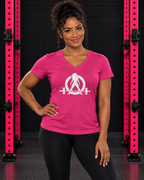 Woman wearing Heliconia pink WWLW classic white logo V-neck T-shirt in pink and black gym