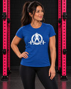 Woman wearing Royal Blue WWLW white distressed logo Softstyle tee in pink-rack gym