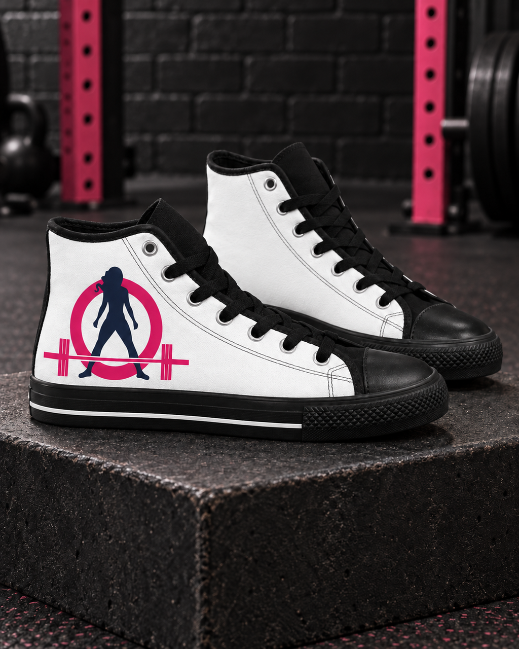WWLW white high-top sneakers with pink and navy logo displayed in gym