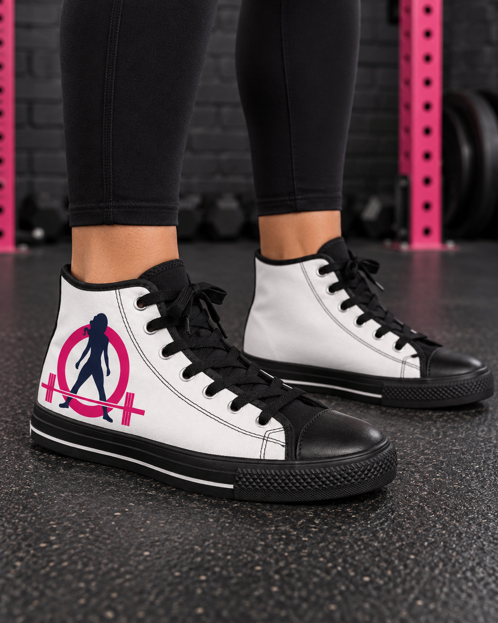 WWLW white high-top sneakers worn with black leggings