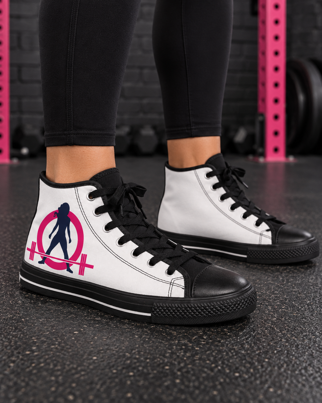 WWLW white high-top sneakers worn with black leggings