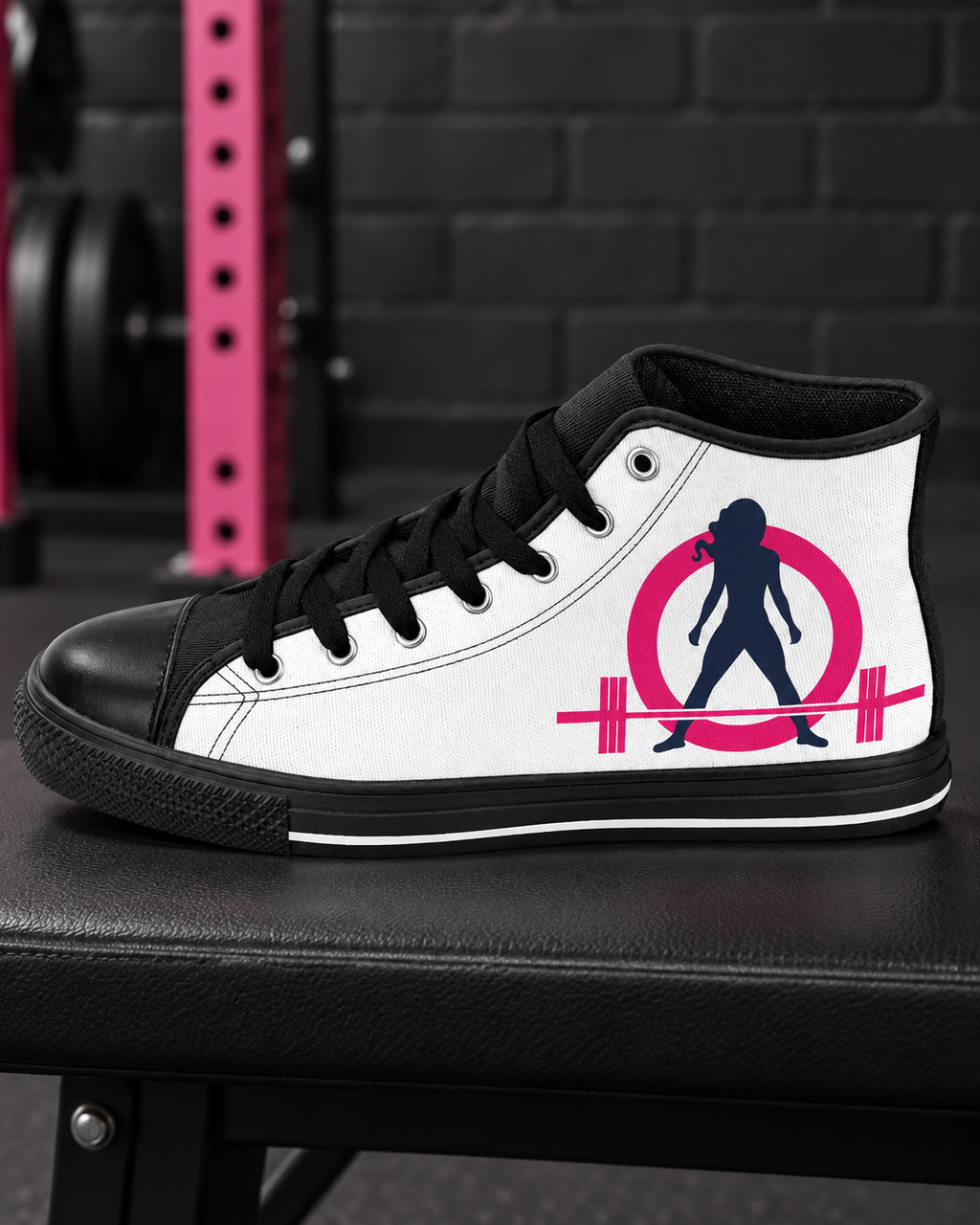 Side detail of WWLW white high-top sneaker logo and black trim