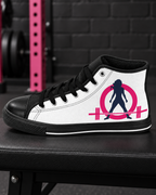 Side detail of WWLW white high-top sneaker logo and black trim