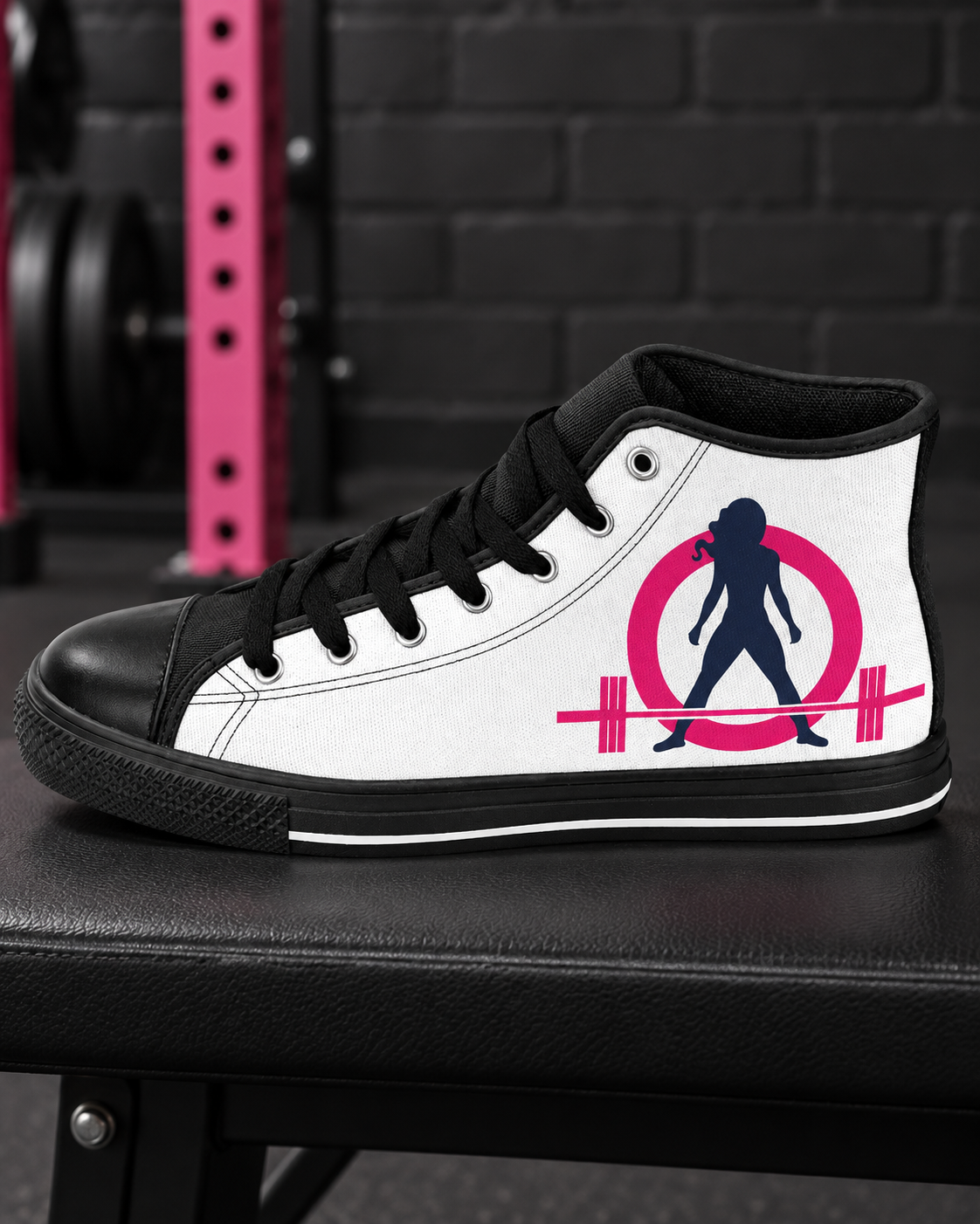 Side detail of WWLW white high-top sneaker logo and black trim