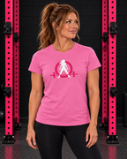 Woman wearing azalea WWLW classic logo women's tee in black and pink gym