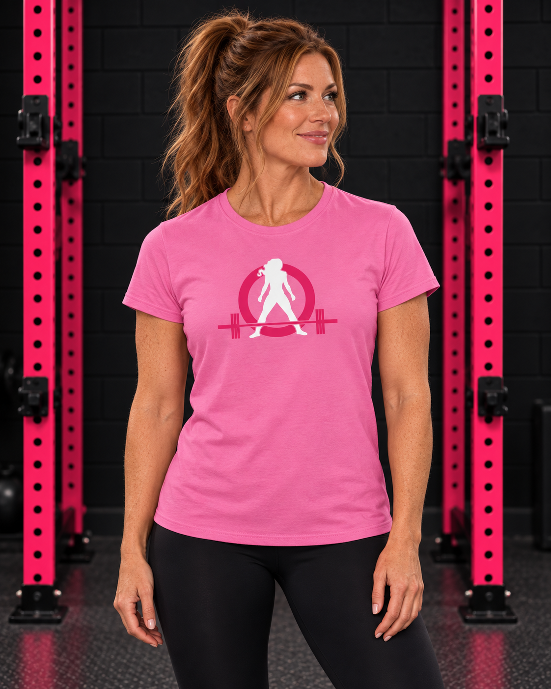 Woman wearing azalea WWLW classic logo women's tee in black and pink gym