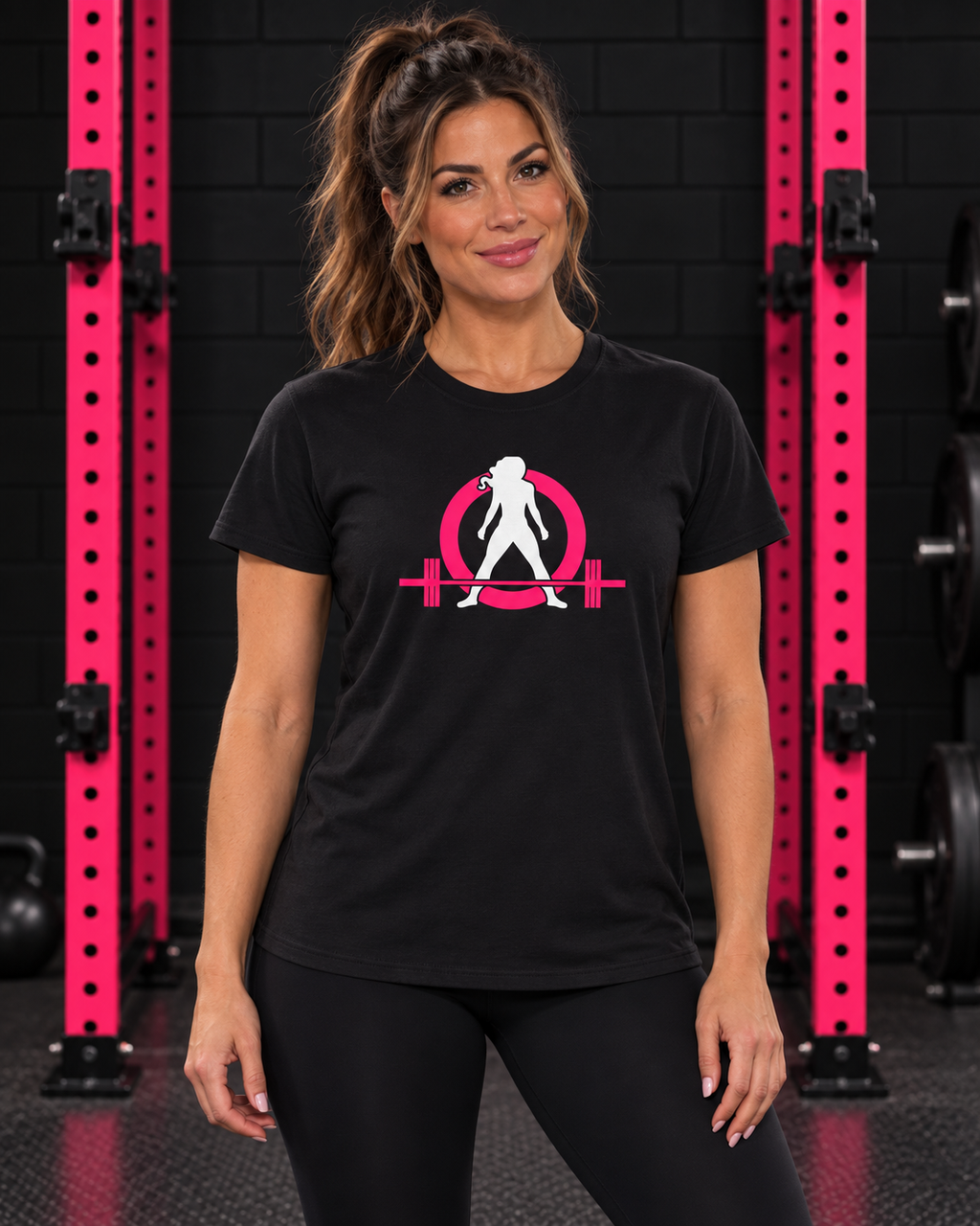 Woman wearing black WWLW classic logo women's tee in black and pink gym