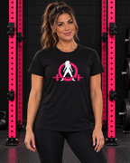 Woman wearing black WWLW classic logo women's tee in black and pink gym
