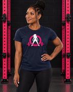 Woman wearing navy WWLW classic logo women's tee in black and pink gym
