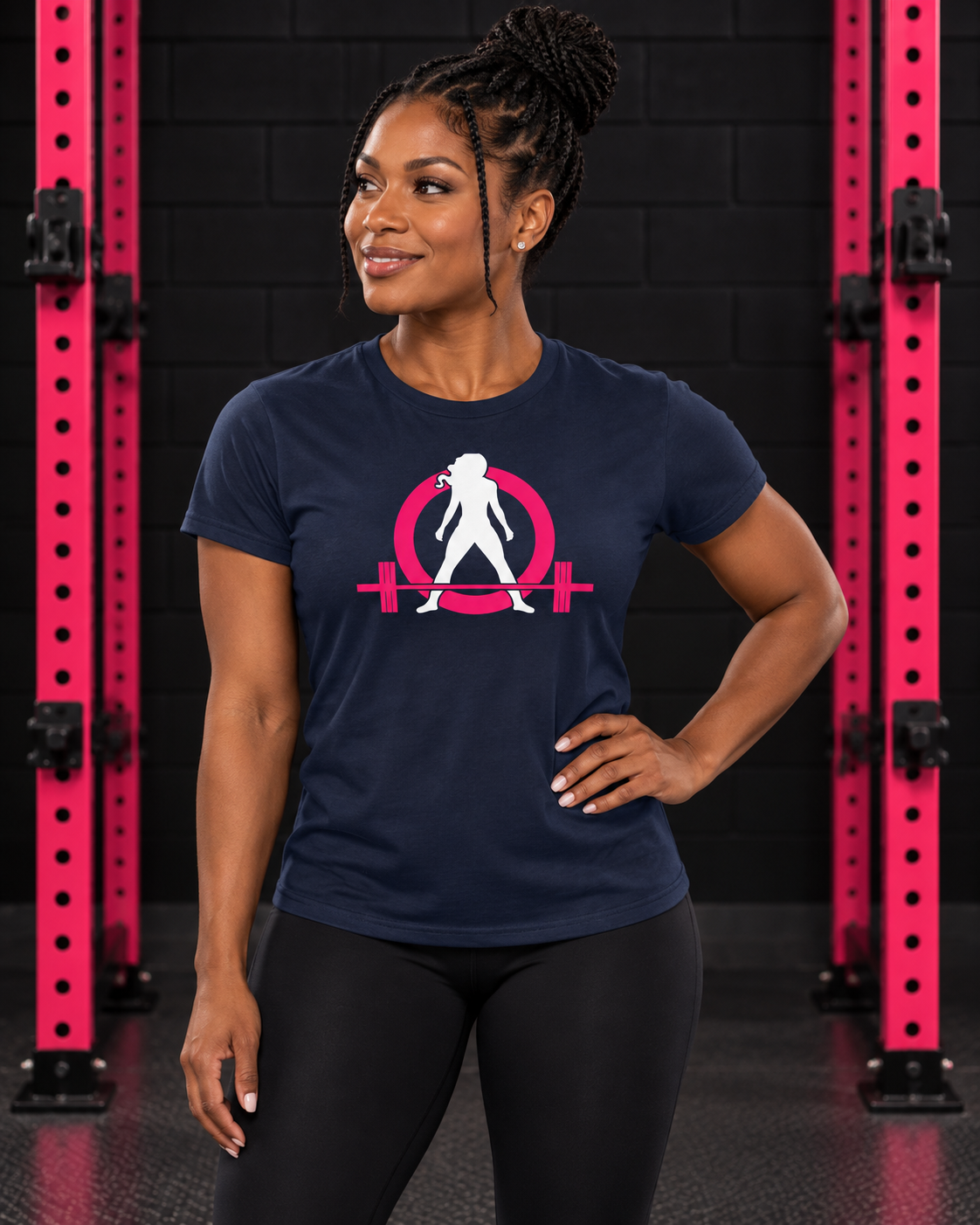 Woman wearing navy WWLW classic logo women's tee in black and pink gym