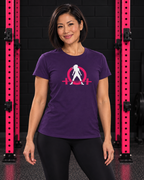 Woman wearing purple WWLW classic logo women's tee in black and pink gym