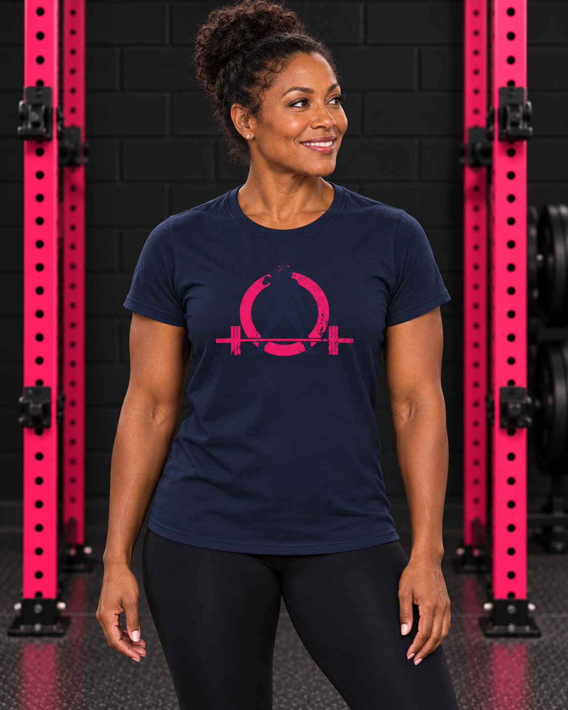 Woman wearing navy WWLW women's distressed color logo tee in black and pink gym