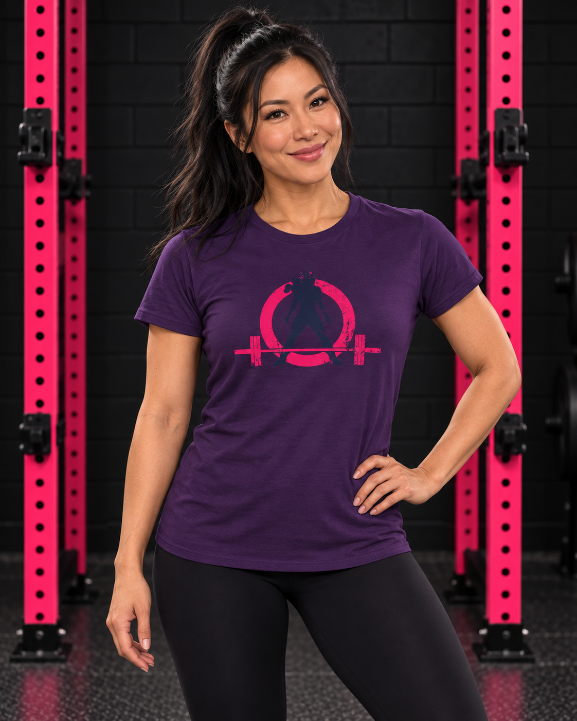 Woman wearing purple WWLW women's distressed color logo tee in black and pink gym