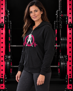 Three-quarter view of black WWLW full-zip hoodie in dark gym with pink racks