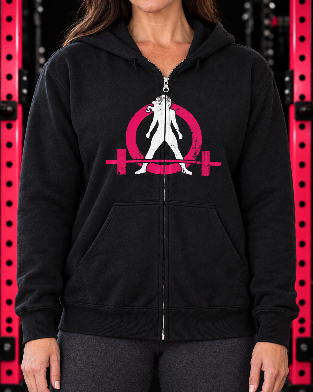 Close-up of distressed pink and white logo, zipper and pockets on black WWLW hoodie