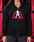 Close-up of distressed pink and white logo, zipper and pockets on black WWLW hoodie