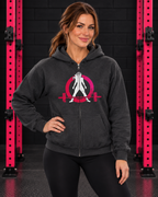 Dark Heather WWLW full-zip hoodie hero in pink-rack gym