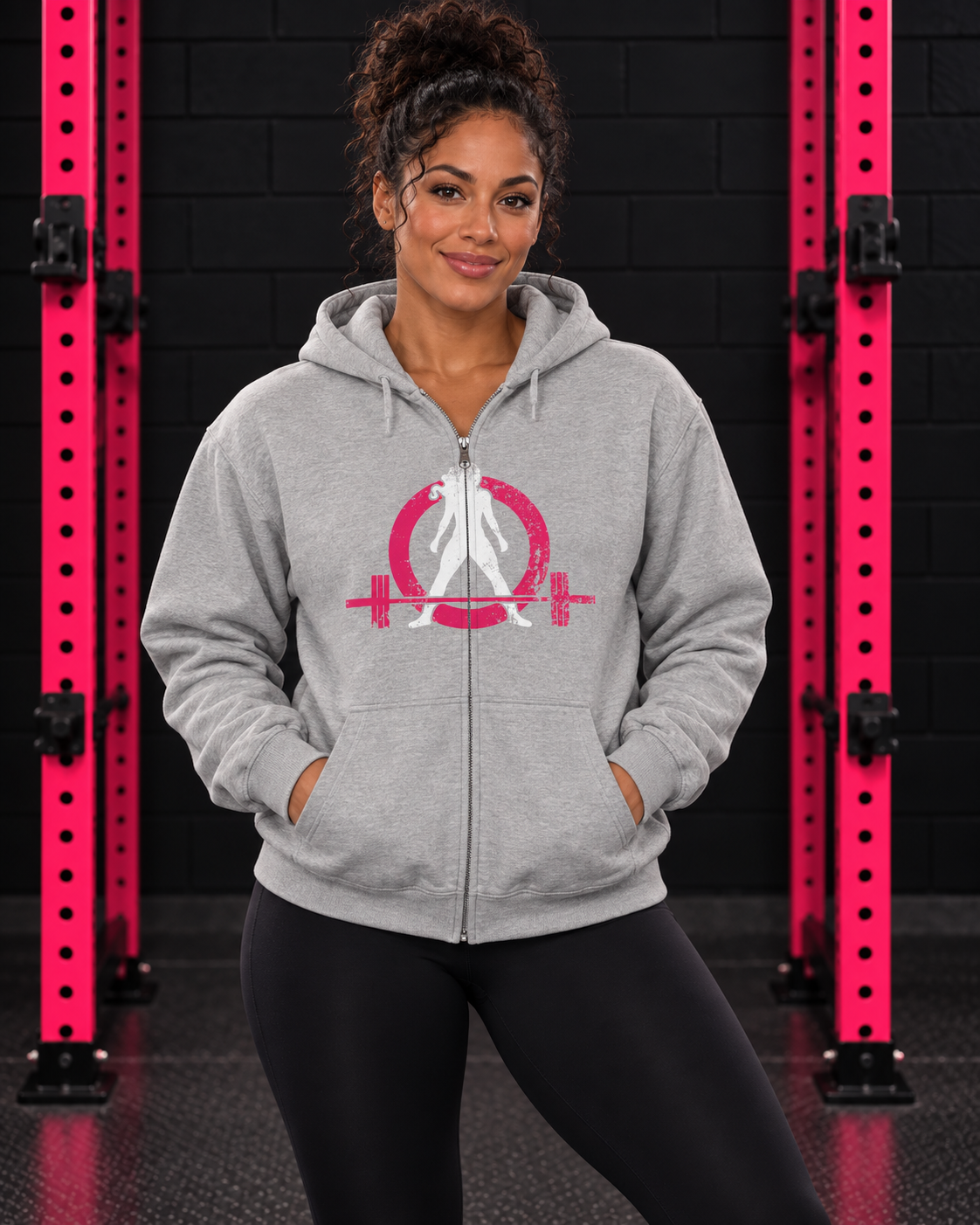 Sport Grey WWLW full-zip hoodie hero in pink-rack gym